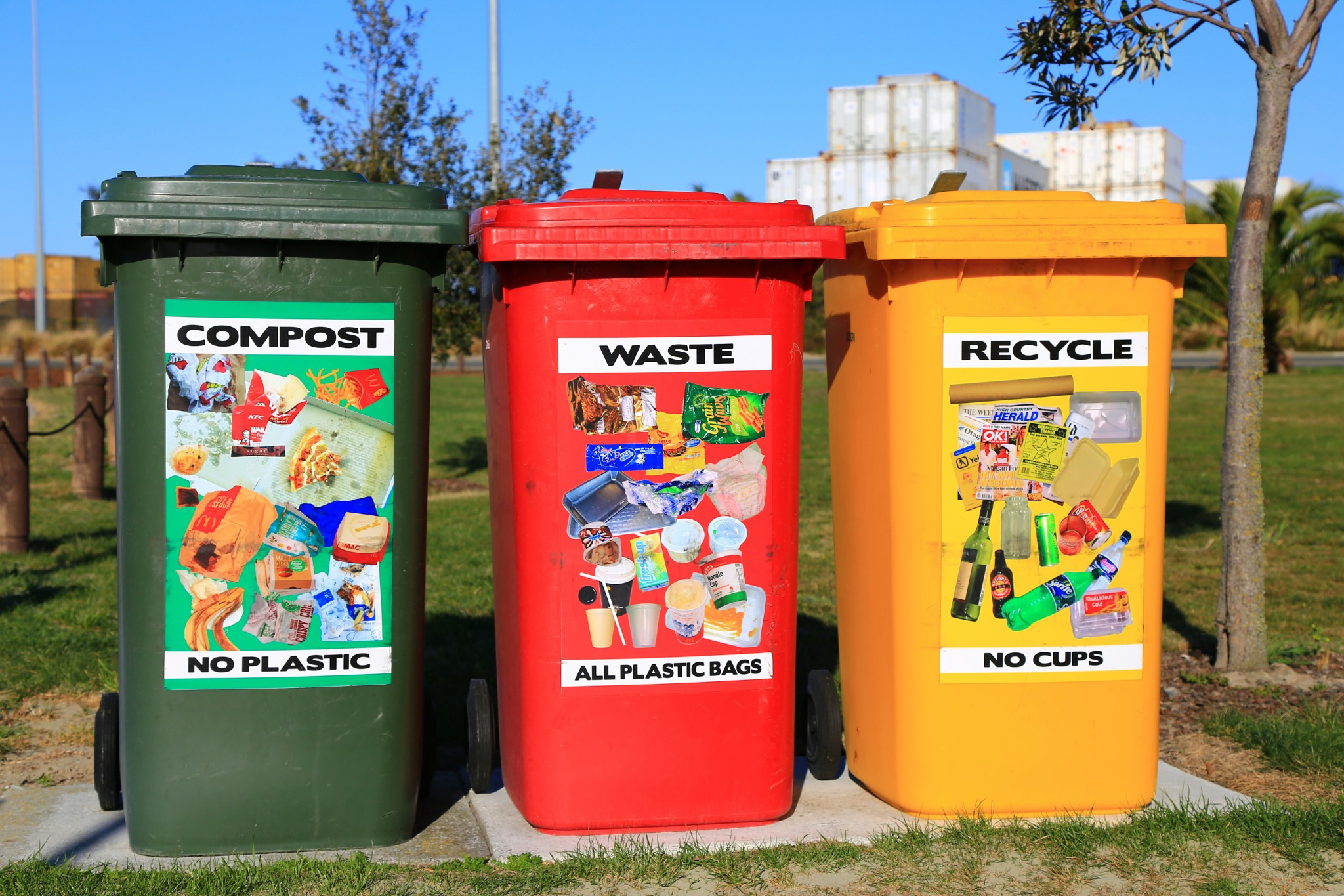 Colour-coded bins for compost, waste and recycling